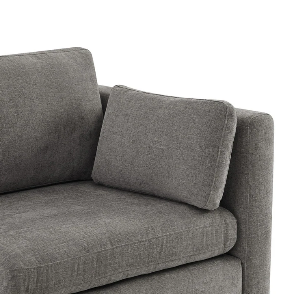 Grey four-piece modular sofa set with wide seats, soft chenille upholstery, removable cushions, and a storage ottoman — ideal for modern, versatile living spaces.