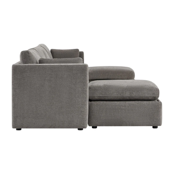 Grey six-piece modular sofa set with wide chenille-upholstered seats, two gas-lift storage ottomans, and plush reversible cushions — perfect for modern or transitional interiors.
