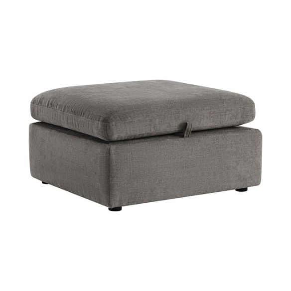 Grey six-piece modular sofa set with wide chenille-upholstered seats, two gas-lift storage ottomans, and plush reversible cushions — perfect for modern or transitional interiors.