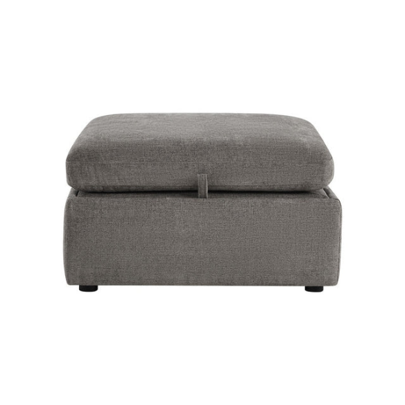 Grey six-piece modular sofa set with wide chenille-upholstered seats, two gas-lift storage ottomans, and plush reversible cushions — perfect for modern or transitional interiors.
