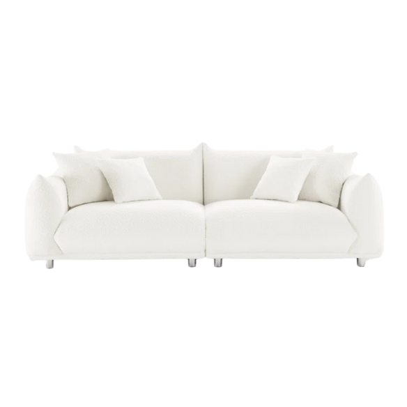 88.9-inch cream white upholstered sofa with chrome legs, deep seating, rounded arms, and four matching accent pillows, ideal for modern or minimalist interiors.