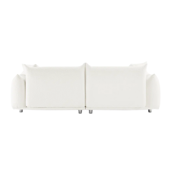 88.9-inch cream white upholstered sofa with chrome legs, deep seating, rounded arms, and four matching accent pillows, ideal for modern or minimalist interiors.