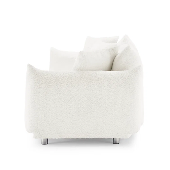 88.9-inch cream white upholstered sofa with chrome legs, deep seating, rounded arms, and four matching accent pillows, ideal for modern or minimalist interiors.