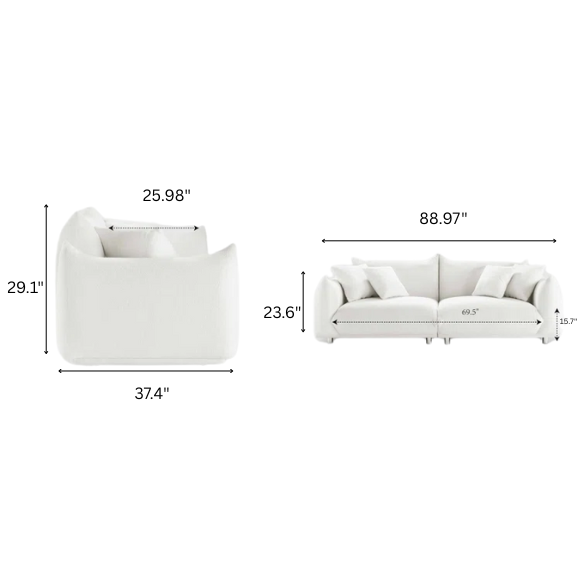 88.9-inch cream white upholstered sofa with chrome legs, deep seating, rounded arms, and four matching accent pillows, ideal for modern or minimalist interiors.