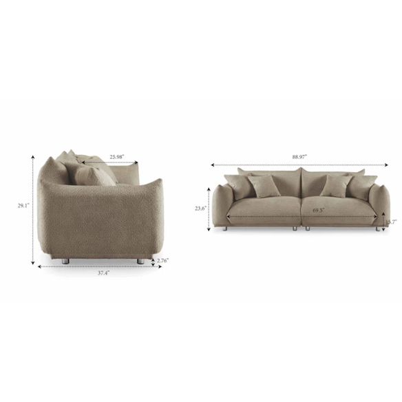 88.9-inch taupe upholstered modern sofa with chrome legs, deep seating, rounded arms, and four matching accent pillows, ideal for contemporary living rooms or home offices.