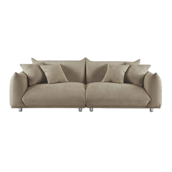 88.9-inch taupe upholstered modern sofa with chrome legs, deep seating, rounded arms, and four matching accent pillows, ideal for contemporary living rooms or home offices.