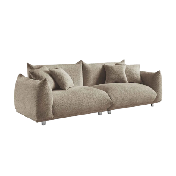 88.9-inch taupe upholstered modern sofa with chrome legs, deep seating, rounded arms, and four matching accent pillows, ideal for contemporary living rooms or home offices.