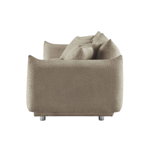 88.9-inch taupe upholstered modern sofa with chrome legs, deep seating, rounded arms, and four matching accent pillows, ideal for contemporary living rooms or home offices.