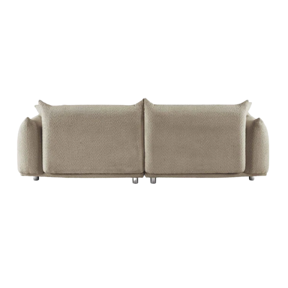 88.9-inch taupe upholstered modern sofa with chrome legs, deep seating, rounded arms, and four matching accent pillows, ideal for contemporary living rooms or home offices.