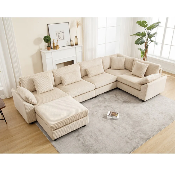 Modular beige corduroy sectional sofa with reversible L-shaped configuration, removable cushions, and soft high-density foam seating — ideal for modern or classic interiors.