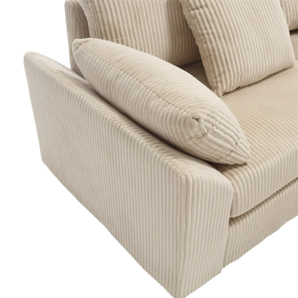 Modular beige corduroy sectional sofa with reversible L-shaped configuration, removable cushions, and soft high-density foam seating — ideal for modern or classic interiors.