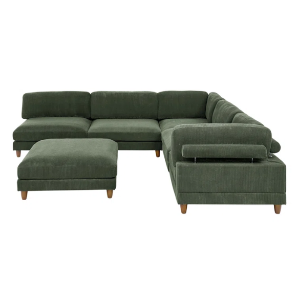 Olive drab green modular sectional sofa with soft corduroy upholstery, removable cushions, and matching ottoman — seats six with L-shaped or U-shaped layout options.