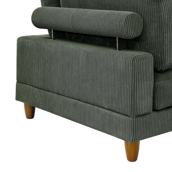 Olive drab green modular sectional sofa with soft corduroy upholstery, removable cushions, and matching ottoman — seats six with L-shaped or U-shaped layout options.