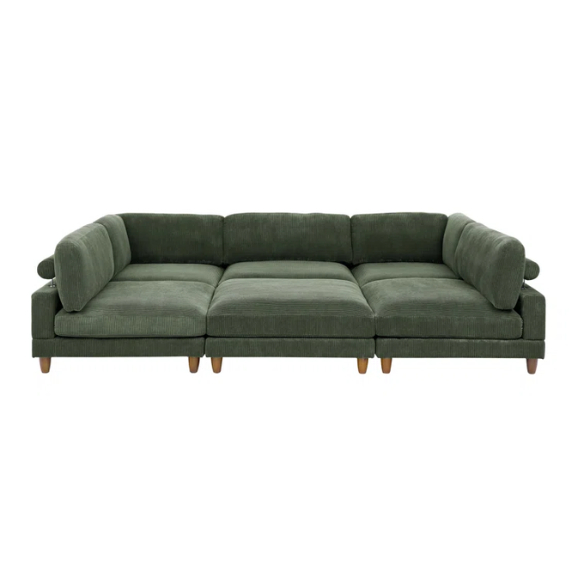 Olive drab green modular sectional sofa with soft corduroy upholstery, removable cushions, and matching ottoman — seats six with L-shaped or U-shaped layout options.
