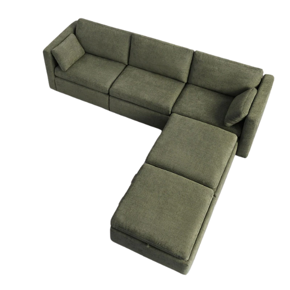 Olive green five-piece modular sofa set featuring wide chenille-upholstered seats, two gas-lift storage ottomans, and reversible cushions — ideal for modern, adaptable living spaces.