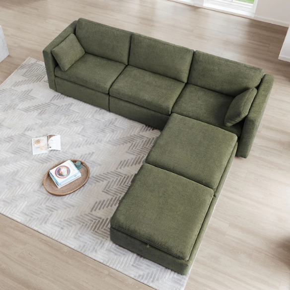 Olive green five-piece modular sofa set featuring wide chenille-upholstered seats, two gas-lift storage ottomans, and reversible cushions — ideal for modern, adaptable living spaces.