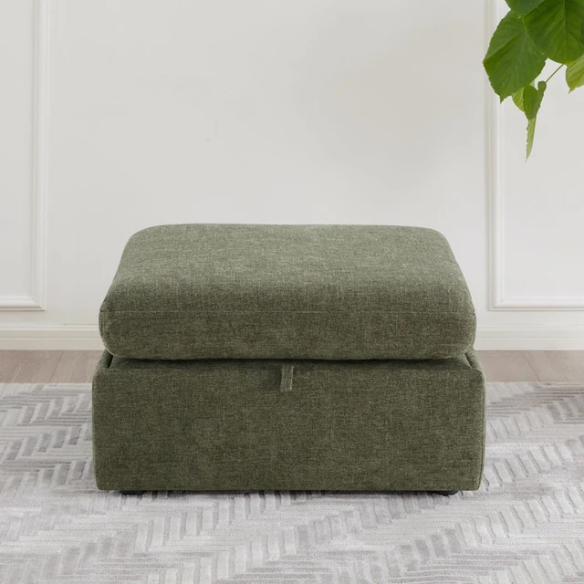 Olive green five-piece modular sofa set featuring wide chenille-upholstered seats, two gas-lift storage ottomans, and reversible cushions — ideal for modern, adaptable living spaces.