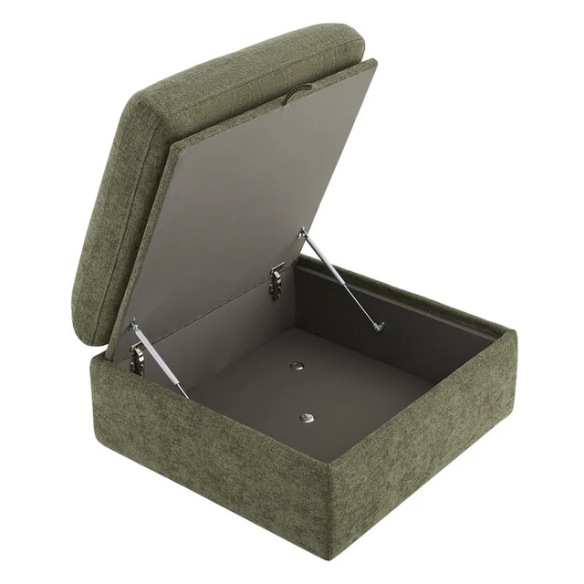 Olive green five-piece modular sofa set featuring wide chenille-upholstered seats, two gas-lift storage ottomans, and reversible cushions — ideal for modern, adaptable living spaces.