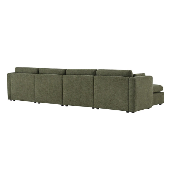 Olive green six-piece modular sofa set with wide chenille-upholstered seats, two storage ottomans with gas-lift lids, and plush reversible cushions — ideal for modern and mid-century inspired interiors.