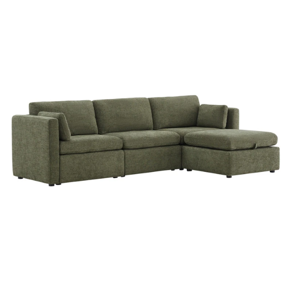 Olive green four-piece modular sofa with wide seats, soft chenille upholstery, removable cushions, and storage ottoman — ideal for customizable modern living rooms.