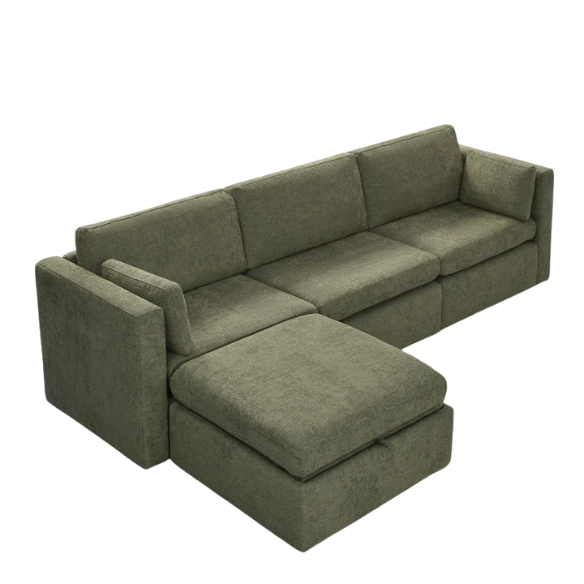 Olive green four-piece modular sofa with wide seats, soft chenille upholstery, removable cushions, and storage ottoman — ideal for customizable modern living rooms.