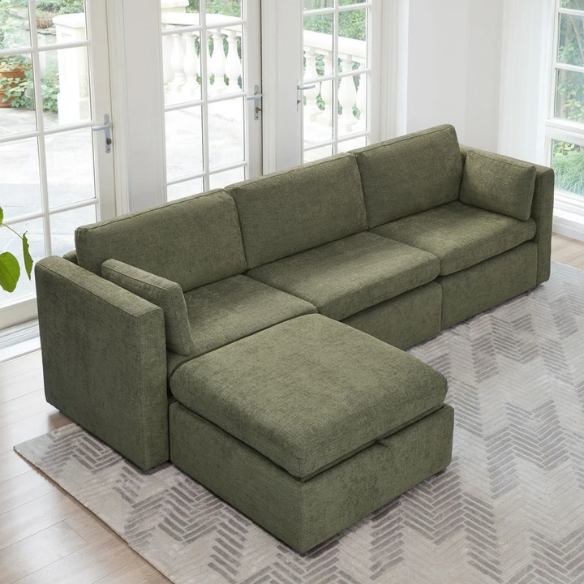 Olive green four-piece modular sofa with wide seats, soft chenille upholstery, removable cushions, and storage ottoman — ideal for customizable modern living rooms.