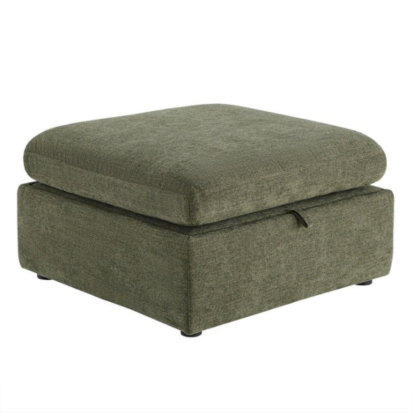 Olive green four-piece modular sofa with wide seats, soft chenille upholstery, removable cushions, and storage ottoman — ideal for customizable modern living rooms.