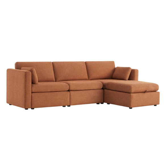 Terracotta modular four-piece sofa set with wide seats, soft chenille upholstery, removable cushions, and a gas-lift storage ottoman — perfect for modern, cozy living rooms.