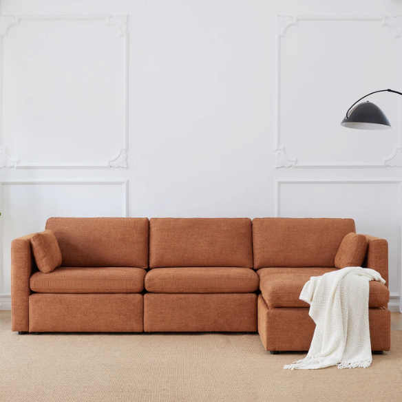Terracotta modular four-piece sofa set with wide seats, soft chenille upholstery, removable cushions, and a gas-lift storage ottoman — perfect for modern, cozy living rooms.