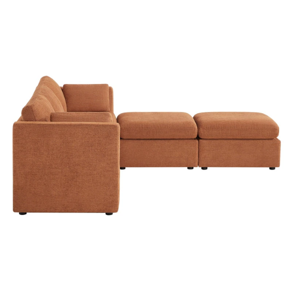 Terracotta five-piece modular sectional sofa with wide chenille seats, two gas-lift storage ottomans, and reversible cushions — designed for comfort and flexibility in modern homes.