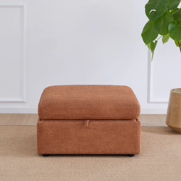 Terracotta five-piece modular sectional sofa with wide chenille seats, two gas-lift storage ottomans, and reversible cushions — designed for comfort and flexibility in modern homes.