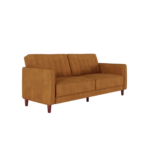 Golden brown velvet convertible sofa with square arms and vertical tufting, featuring split-back design, wood tapered legs, and fold-out support legs for twin bed conversion.
