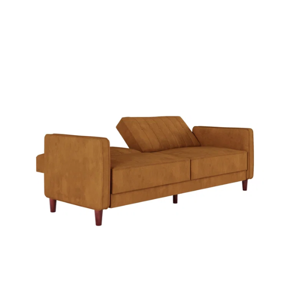 Golden brown velvet convertible sofa with square arms and vertical tufting, featuring split-back design, wood tapered legs, and fold-out support legs for twin bed conversion.