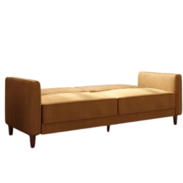 Golden brown velvet convertible sofa with square arms and vertical tufting, featuring split-back design, wood tapered legs, and fold-out support legs for twin bed conversion.