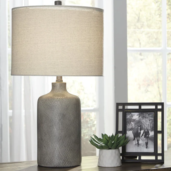 Gray ceramic table lamp with black diamond textured base and white fabric drum shade, featuring a 3-way switch for adjustable lighting in transitional or modern interiors