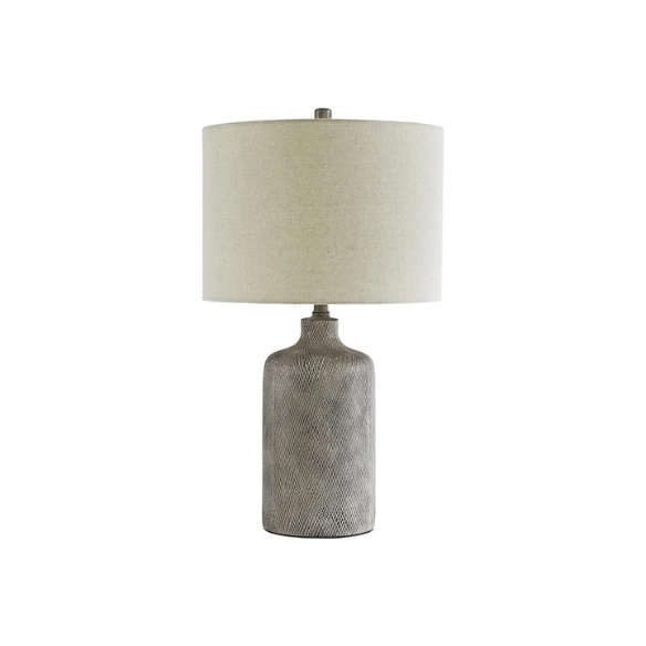 Gray ceramic table lamp with black diamond textured base and white fabric drum shade, featuring a 3-way switch for adjustable lighting in transitional or modern interiors