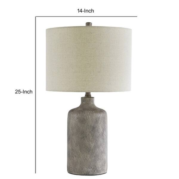 Gray ceramic table lamp with black diamond textured base and white fabric drum shade, featuring a 3-way switch for adjustable lighting in transitional or modern interiors