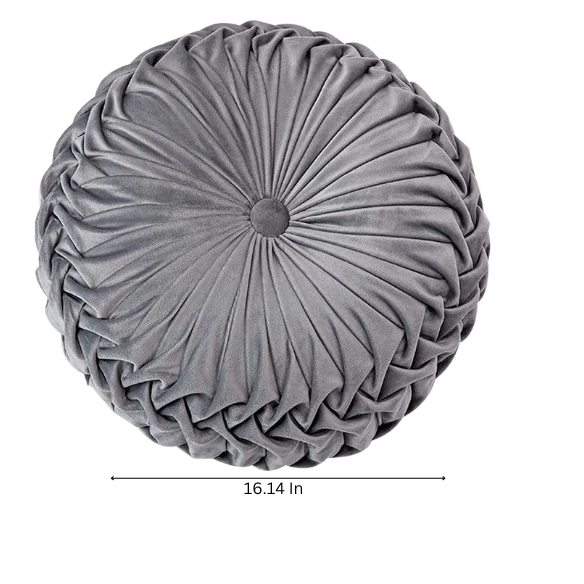 Gray velvet round throw pillow with ribbed edges and button closure, luxurious soft cotton fill, elegant decorative cushion for sofa or home décor.