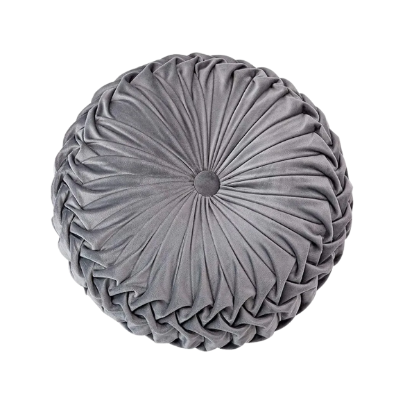 Gray velvet round throw pillow with ribbed edges and button closure, luxurious soft cotton fill, elegant decorative cushion for sofa or home décor.