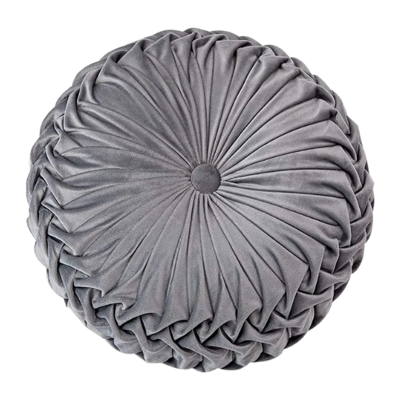 Gray velvet round throw pillow with ribbed edges and button closure, luxurious soft cotton fill, elegant decorative cushion for sofa or home décor.