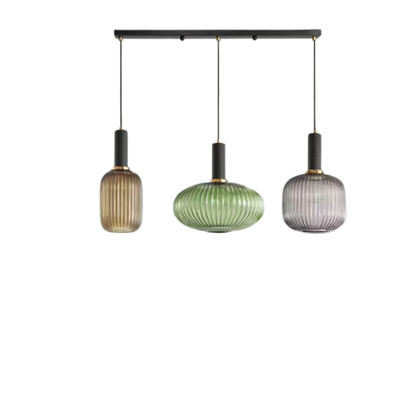 Modern Green, Amber, and Grey Glass Pendant Light with Gold Accents – Stylish Chandelier for Dining and Living Rooms