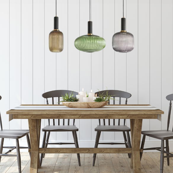 Modern Green, Amber, and Grey Glass Pendant Light with Gold Accents – Stylish Chandelier for Dining and Living Rooms