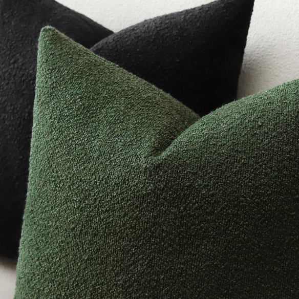Green boucle throw pillow cover with soft loop texture, 18x18 inches – cozy modern accent for sofa, bed, or armchair