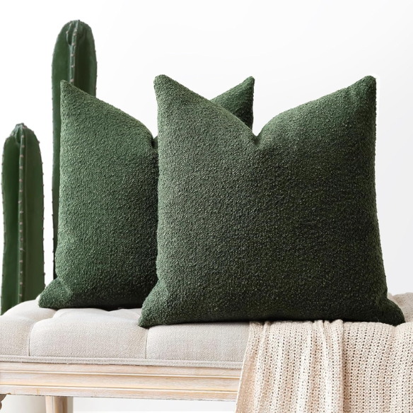 Green boucle throw pillow cover with soft loop texture, 18x18 inches – cozy modern accent for sofa, bed, or armchair