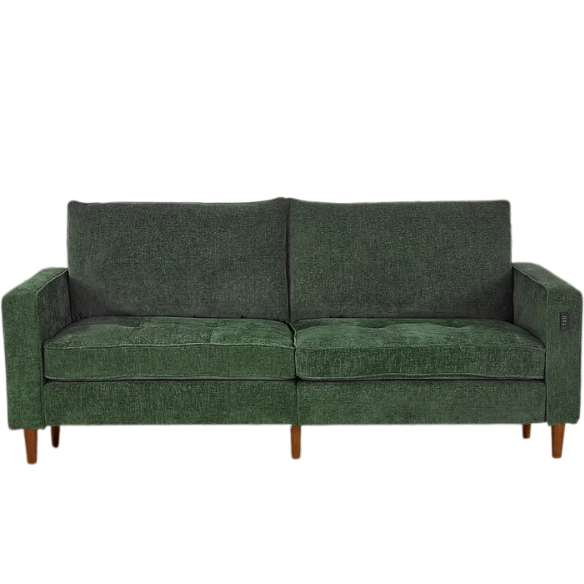 Green chenille loveseat with tufted back, square arms, wooden legs, USB charging ports, and removable washable cushions—ideal for modern and eclectic living spaces