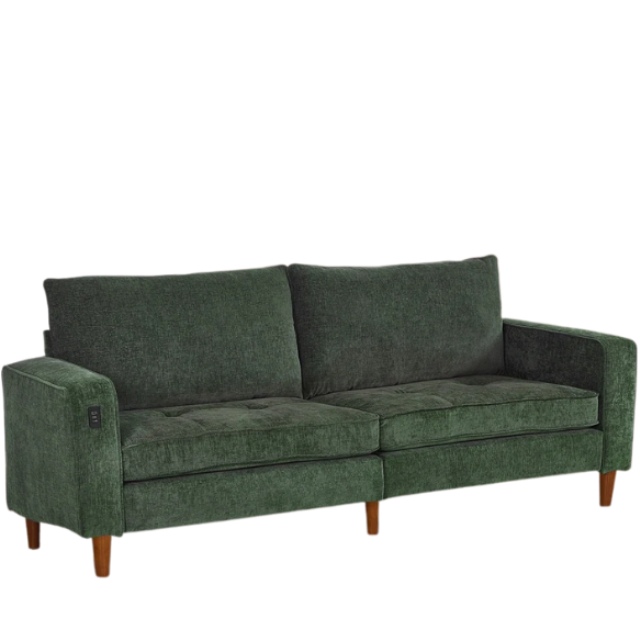 Green chenille loveseat with tufted back, square arms, wooden legs, USB charging ports, and removable washable cushions—ideal for modern and eclectic living spaces