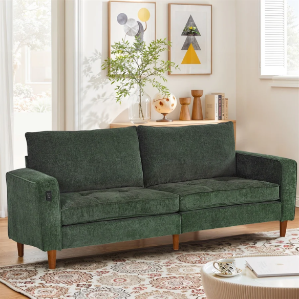 Green chenille loveseat with tufted back, square arms, wooden legs, USB charging ports, and removable washable cushions—ideal for modern and eclectic living spaces