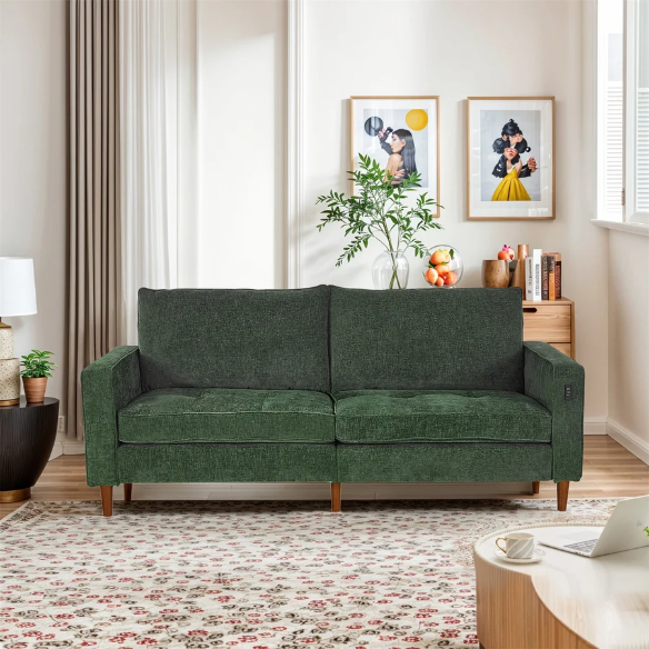 Green chenille loveseat with tufted back, square arms, wooden legs, USB charging ports, and removable washable cushions—ideal for modern and eclectic living spaces