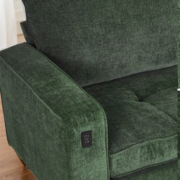Green chenille loveseat with tufted back, square arms, wooden legs, USB charging ports, and removable washable cushions—ideal for modern and eclectic living spaces
