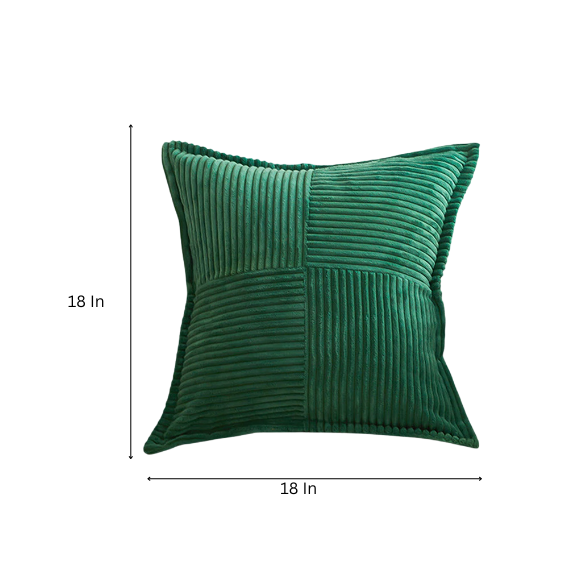 Green corduroy throw pillow cover with geometric striped pattern, 45x45 cm, modern and eco-friendly design, perfect for home décor, living rooms, offices, and patios.